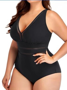 Rivelino Plus Size Sexy V Neck Bathing Suit Mesh Sheer Tummy Control Swimwears